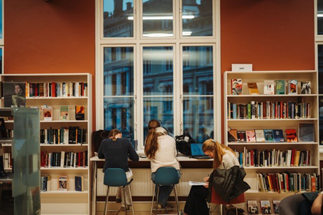 En gruppe mennesker som sitter ved et bord i et bibliotek