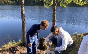en gruppe mennesker som jobber på et tre ved siden av en vannmasse